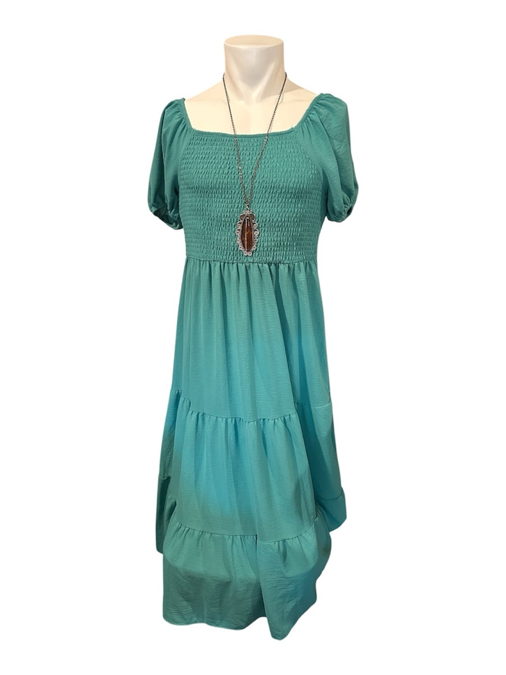 Teal Smocked Square-Neck Maxi Dress with Puff Sleeves